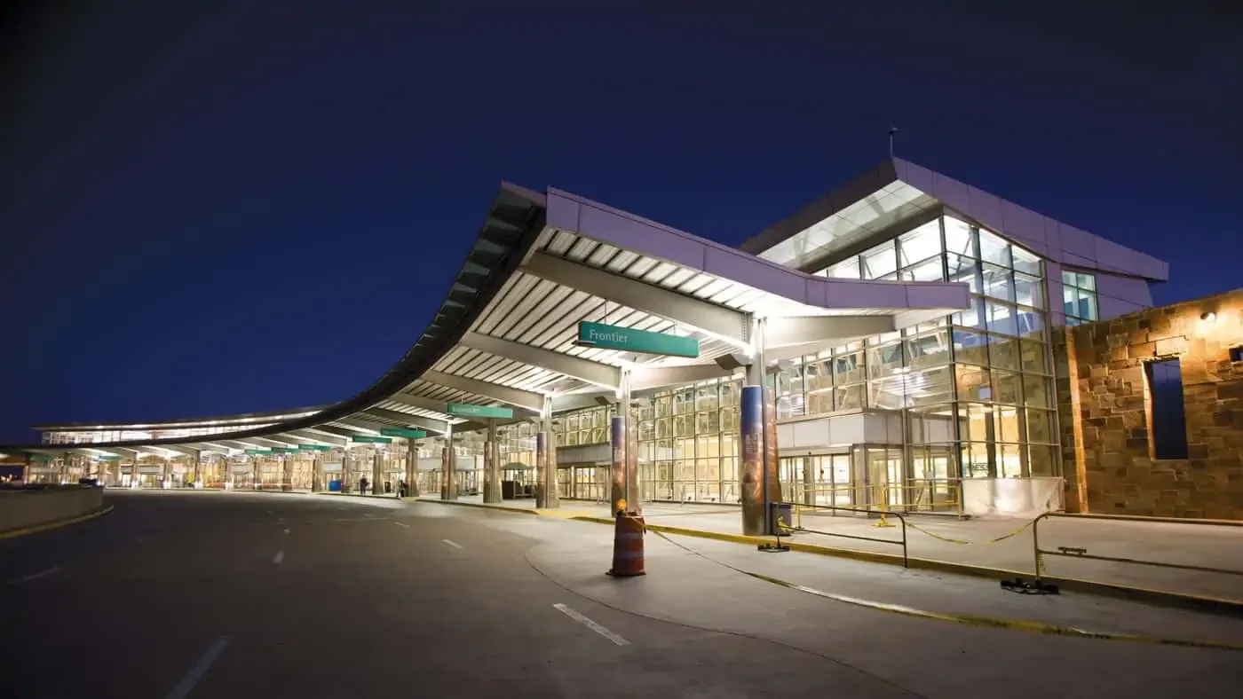 Illuminated public municipal facility exterior at night
