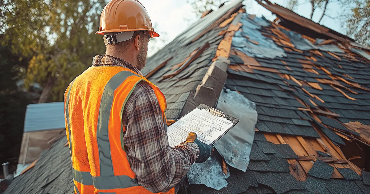 Inspector documenting storm and hail damage on a roof for an insurance claim