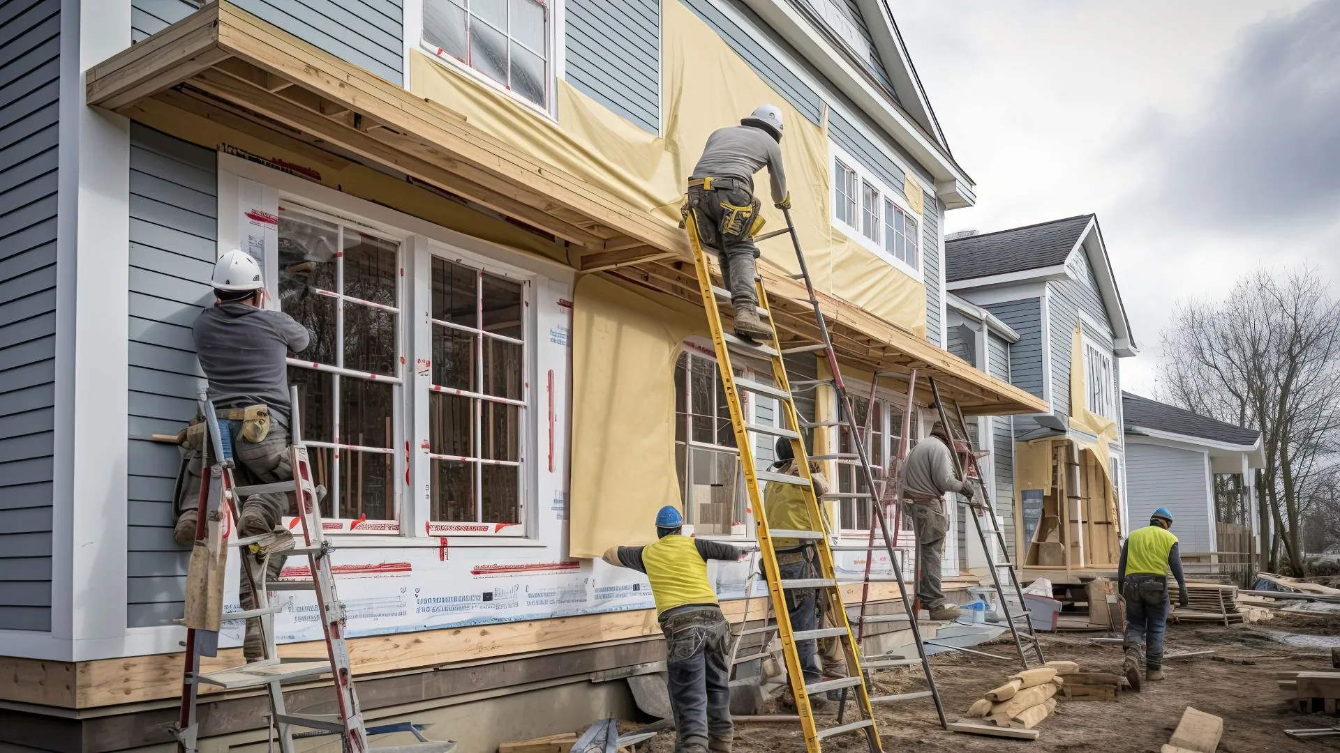 Crew installing fiber cement siding on a multi-unit residential building